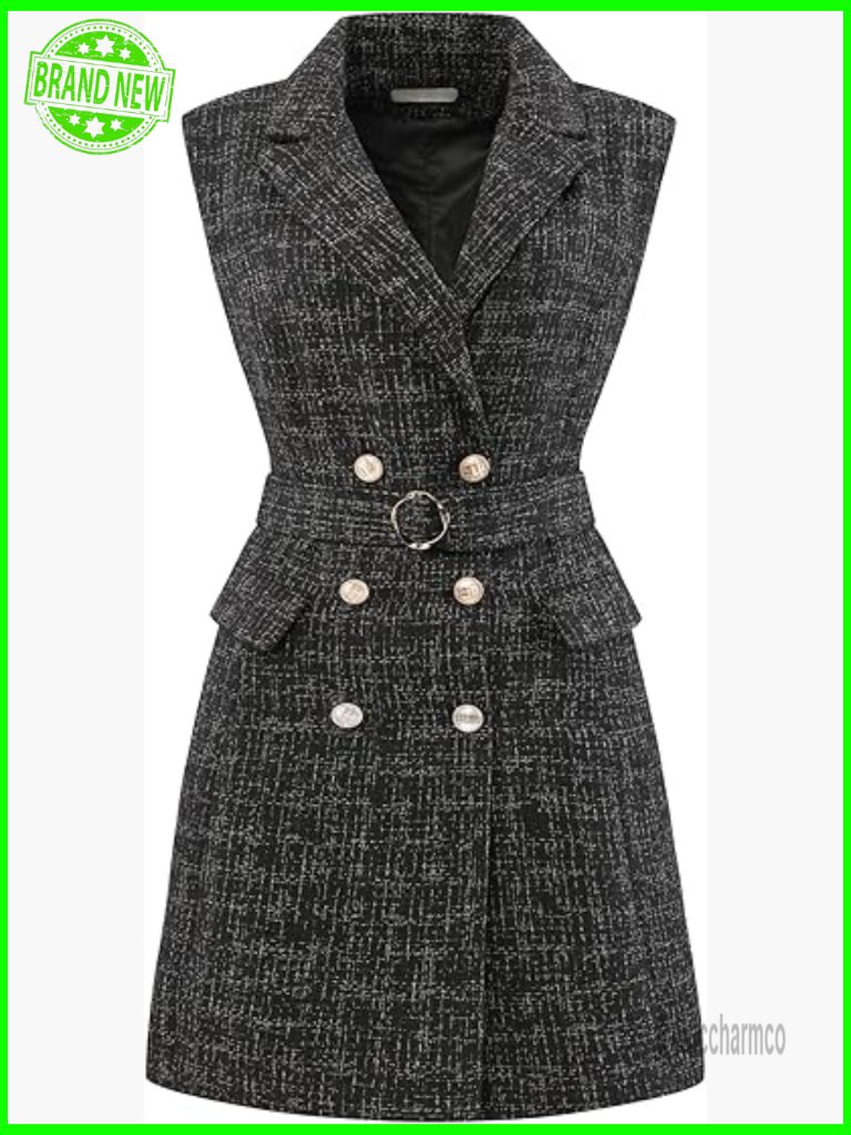 Sleeveless Tweed Collared Belted Blazer Dress Work Wear